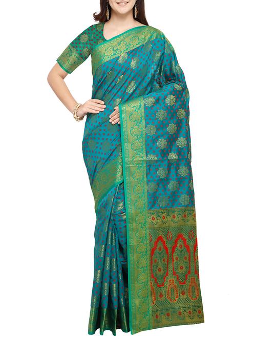 turquoise zari motif banarasi saree with blouse - 15766073 - Very Small Image - 1