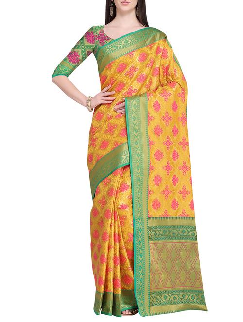 contrast bordered banarasi saree with blouse - 15766083 - Very Small Image - 1