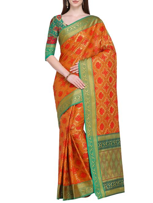 contrast bordered banarasi jacquard saree with blouse - 15766086 - Very Small Image - 1