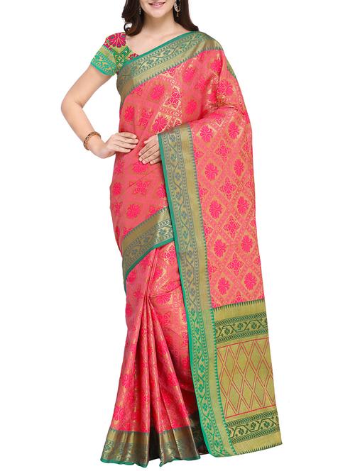 contrast bordered banarasi jacquard saree with blouse - 15766088 - Very Small Image - 1