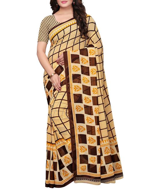 checkered ethnic motif printed saree with blouse - 15766115 - Very Small Image - 1