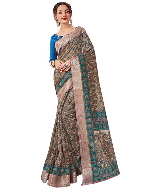 zari bordered printed saree with blouse - 15766220 - Very Small Image - 1