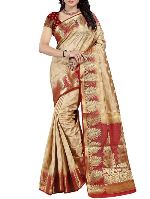 ethnic zari motif contrast border saree with blouse - 15766998 - Very Small Image - 1