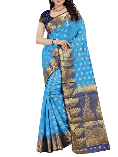 ethnic zari motif contrast border saree with blouse - 15767000 - Very Small Image - 1