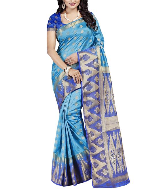 ethnic zari motif temple border saree with blouse - 15767004 - Very Small Image - 1