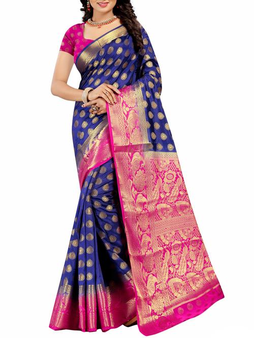 ethnic zari motif temple border saree with blouse - 15767008 - Very Small Image - 1