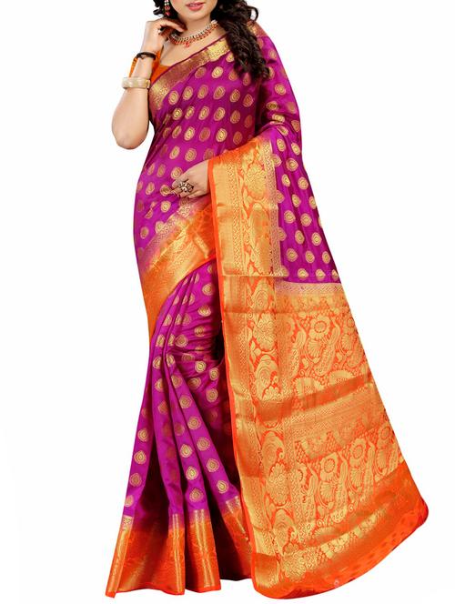 ethnic zari motif contrast border saree with blouse - 15767010 - Very Small Image - 1
