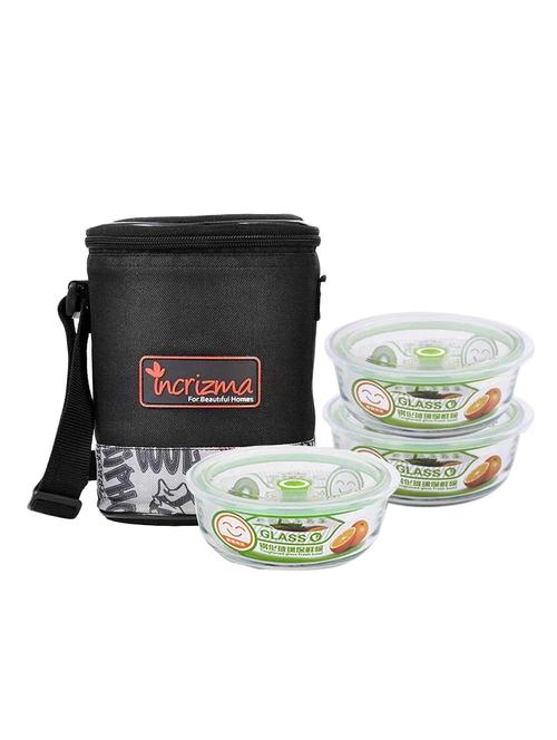 incrizma glassware microwavable transparent glass containers with lunch bag (350ml, black) - set of 3 - 15767093 - Very Small Image - 1