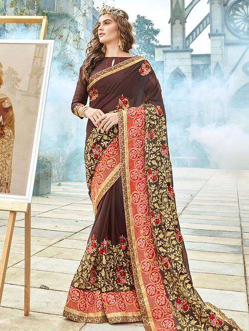 zari floral embroidered saree with blouse - 15768154 - Very Small Image - 1