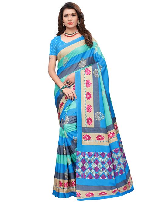 striped ethnic motif printed saree with blouse - 15768206 - Very Small Image - 1