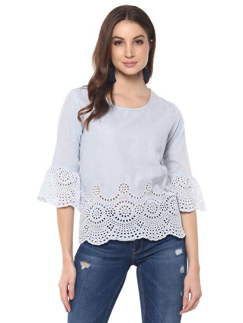 schiffli striped bell sleeved top - 15770340 - Very Small Image - 1