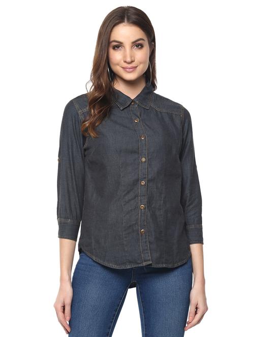 curved hem denim shirt - 15770458 - Very Small Image - 1