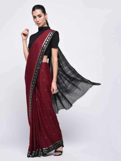 contrast border self design saree with blouse - 15775369 - Very Small Image - 1