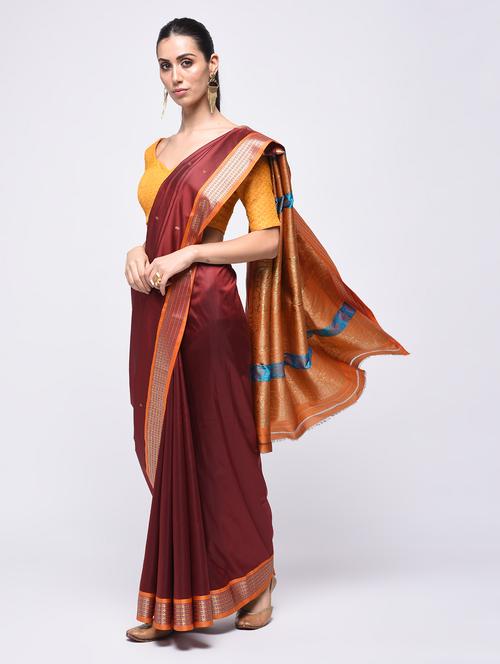 contrast bordered self design saree with blouse - 15775372 - Very Small Image - 1