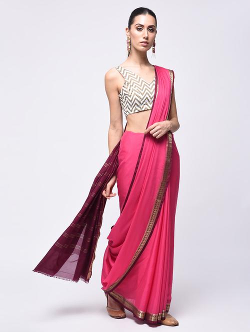 contrast border solid saree with blouse - 15775375 - Very Small Image - 1