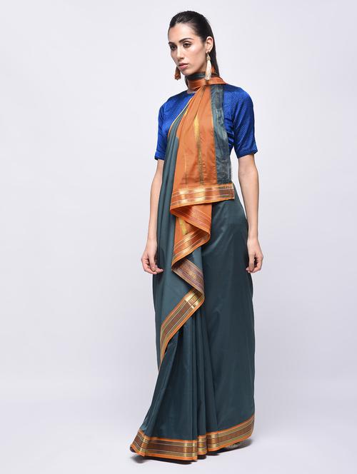 contrast border self design saree with blouse - 15775396 - Very Small Image - 1