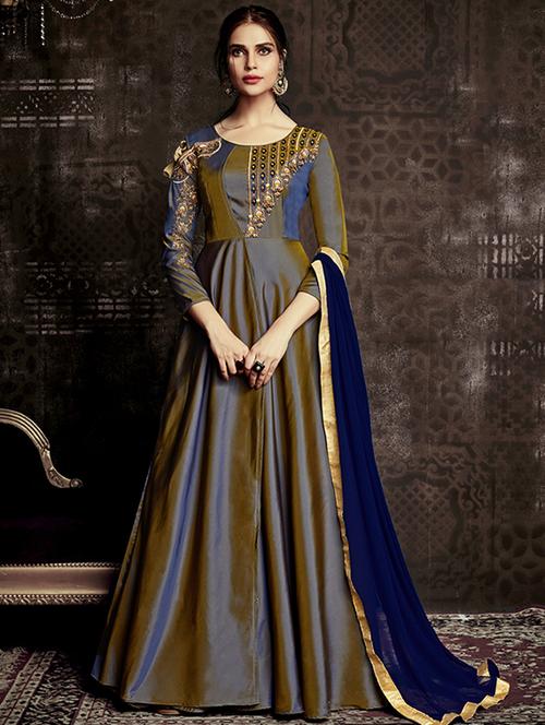 embroidered semi-stitched flared suit - 15775536 - Very Small Image - 1