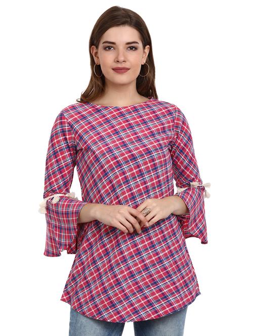 tassel detail bell sleeved checkered tunic - 15777251 - Very Small Image - 1