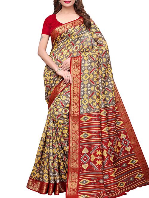 zari border silk printed saree with blouse - 15777538 - Very Small Image - 1
