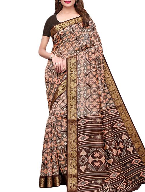 zari border silk printed saree with blouse - 15777540 - Very Small Image - 1