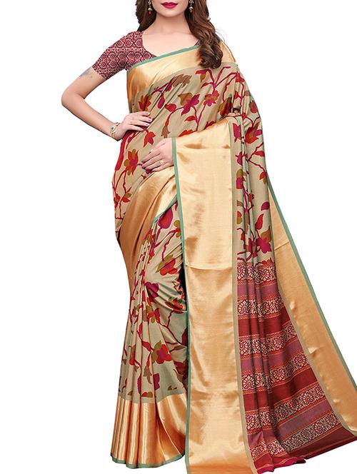 gold border dhakai silk printed saree with blouse - 15777558 - Very Small Image - 1