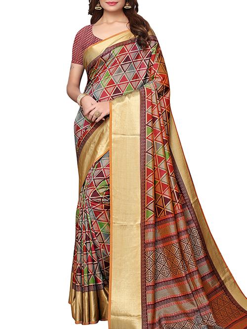 gold border dhakai silk printed saree with blouse - 15777604 - Very Small Image - 1