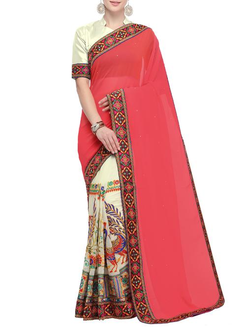 half and half ethnic motif embroidered saree with blouse - 15780191 - Very Small Image - 1