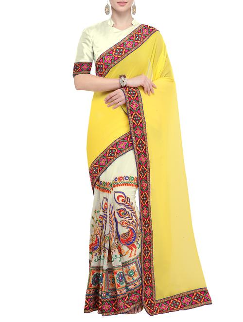 half and half ethnic motif embroidered saree with blouse - 15780197 - Very Small Image - 1
