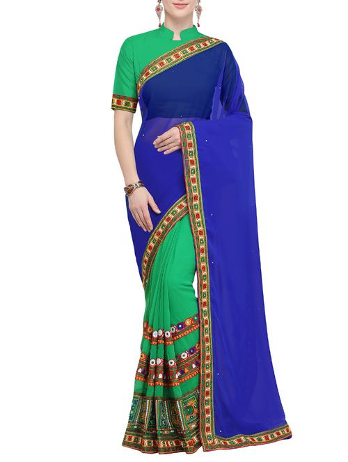 half and half ethnic motif embroidered saree with blouse - 15780198 - Very Small Image - 1