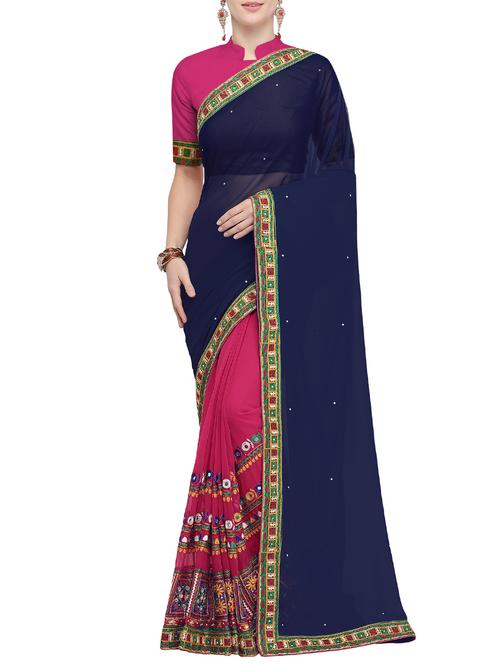 half and half ethnic motif embroidered saree with blouse - 15780201 - Very Small Image - 1