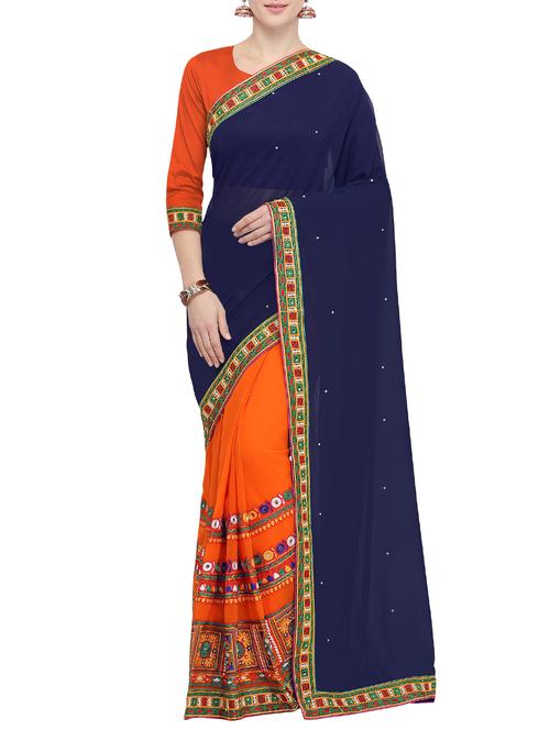 half and half ethnic motif embroidered saree with blouse - 15780207 - Very Small Image - 1