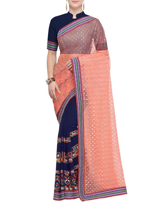 half and half ethnic motif embroidered saree with blouse - 15780209 - Very Small Image - 1