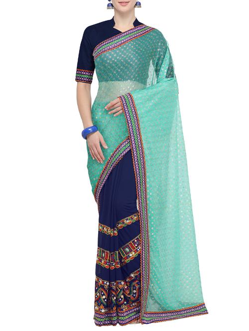 half and half ethnic motif embroidered saree with blouse - 15780211 - Very Small Image - 1