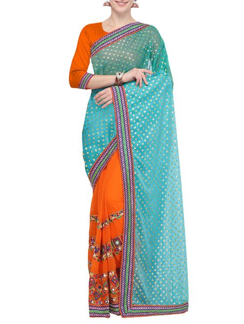 half and half ethnic motif embroidered saree with blouse - 15780214 - Very Small Image - 1