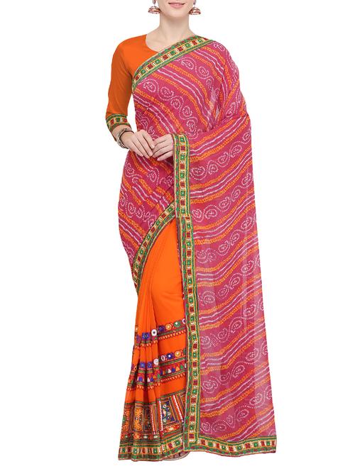 half and half ethnic motif embroidered saree with blouse - 15780217 - Very Small Image - 1