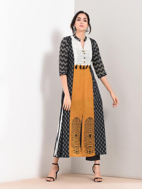 ikat printed a-line kurta with tassels - 15781239 - Very Small Image - 1