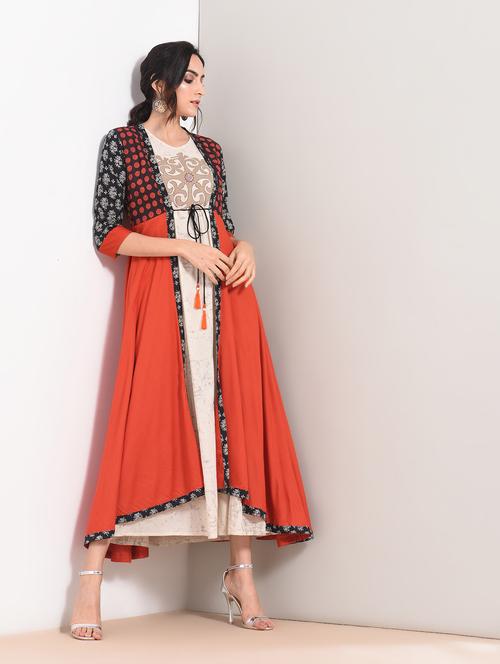 ethnic motifs printed layered kurta - 15781240 - Very Small Image - 1