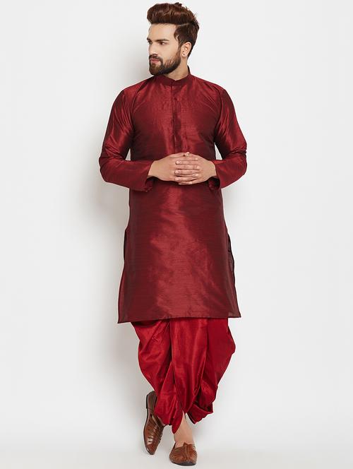 maroon silk blend dhoti kurta set - 15781714 - Very Small Image - 1