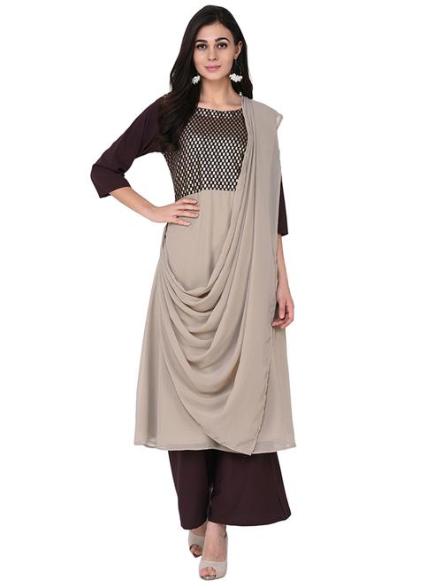 cowl foil printed kurta with drape dupatta - 15784994 - Very Small Image - 1