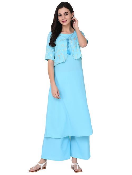 solid kurta palazzo with foil printed shrug set - 15786472 - Very Small Image - 1