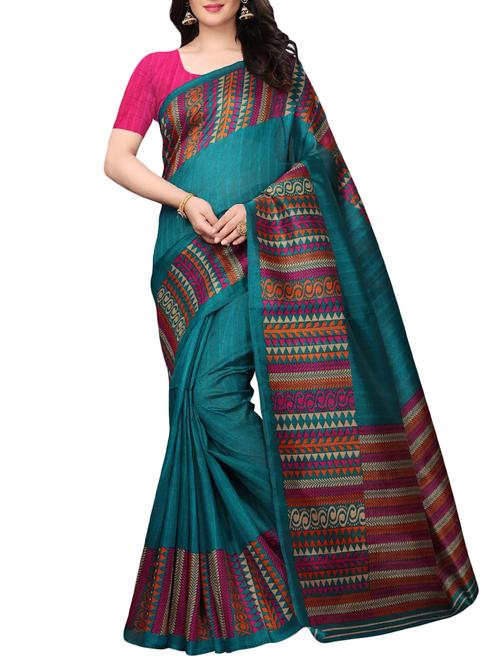 contrast border teal bhagalpuri printed saree with blouse - 15787145 - Very Small Image - 1