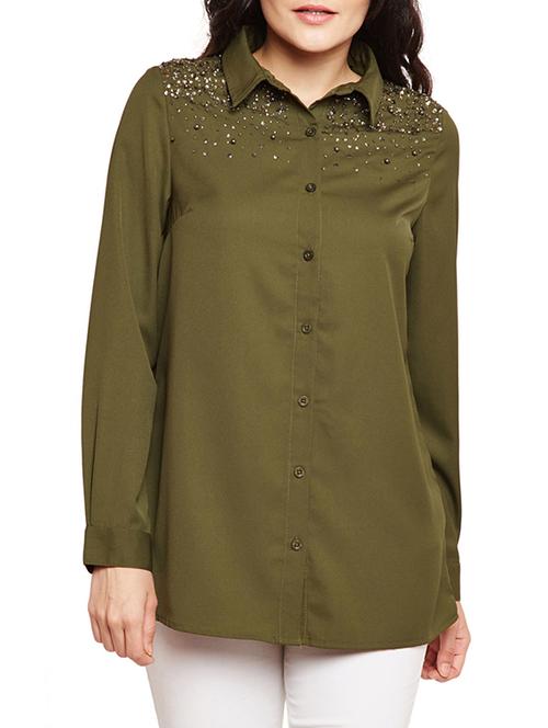 sequin detail olive shirt - 15788936 - Very Small Image - 1