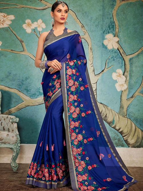 floral embroidery tassled saree with blouse - 15791152 - Very Small Image - 1