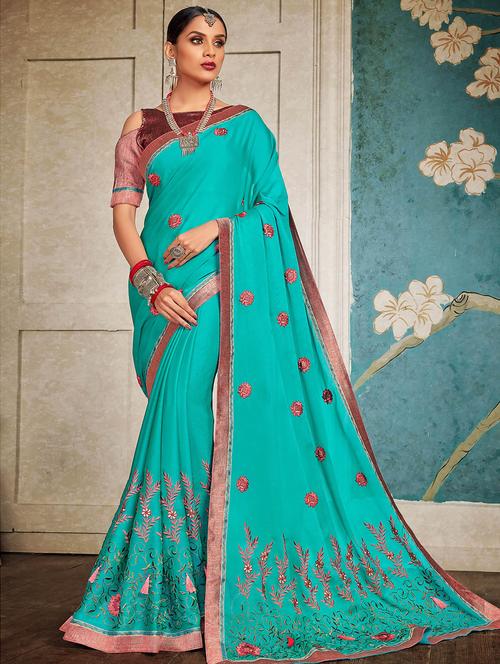 floral embroidered tassled saree with blouse - 15791156 - Very Small Image - 1