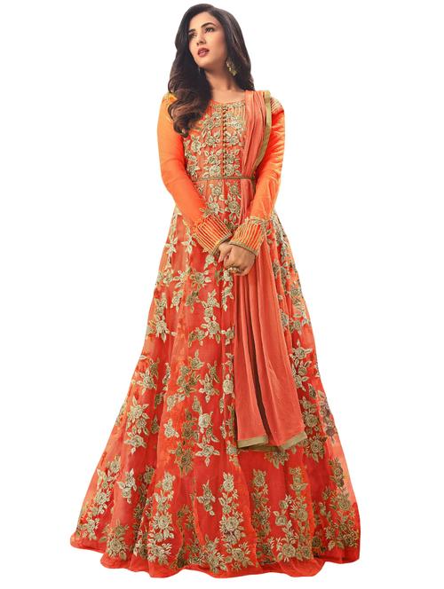 embroidered semi-stitched flared suit - 15791234 - Very Small Image - 1