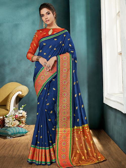ethnic motif foil printed saree with blouse - 15793892 - Very Small Image - 1