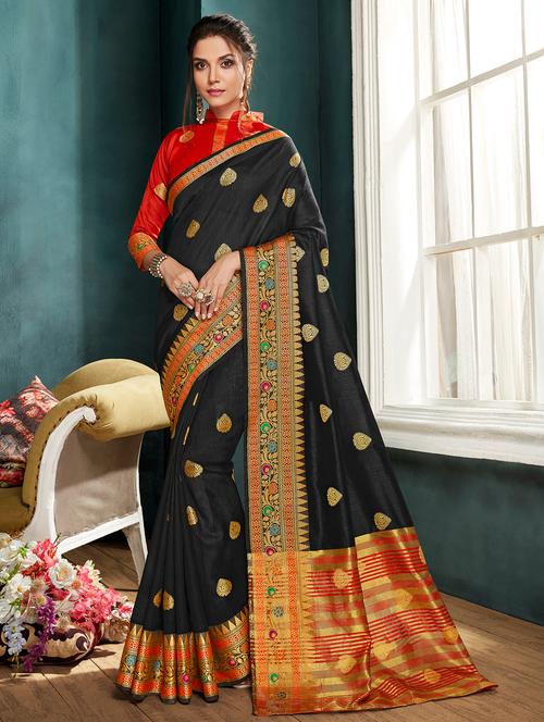 ethnic motif foil printed saree with blouse - 15793894 - Very Small Image - 1