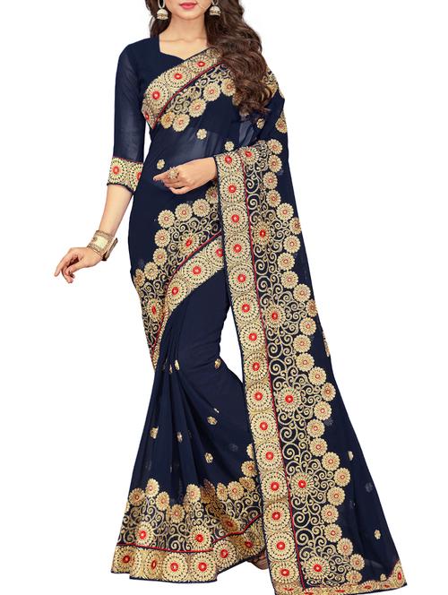 zari floral embroidered saree with blouse - 15794801 - Very Small Image - 1