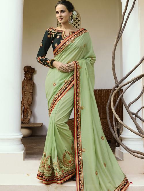 zari embroidered pastel saree with blouse - 15795073 - Very Small Image - 1