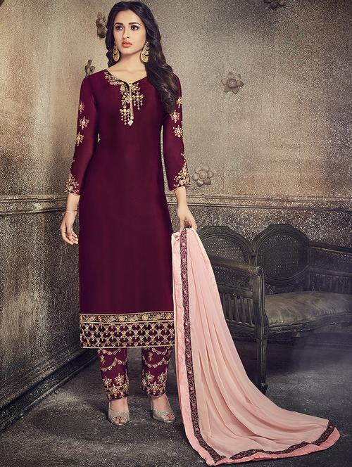 embroidered semi-stitched pant suit - 15795098 - Very Small Image - 1